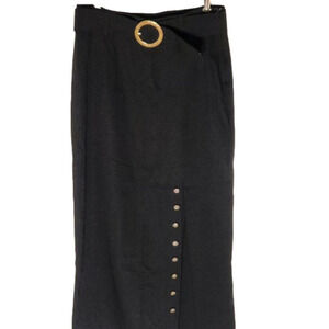P016. Vintage Belted Black Maxi Skirt with gold buttons slit and belt |14 (M)